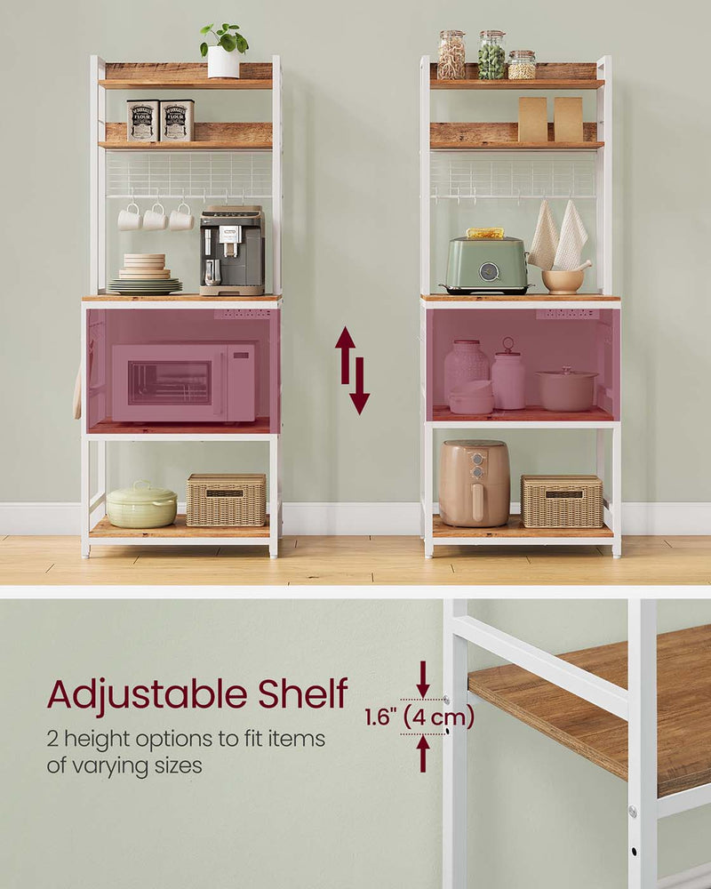 Bakers Rack Kitchen Storage Rack with Power Outlets and Shelves by Vasagle, Rustic Walnut and White,  60x40x170cm