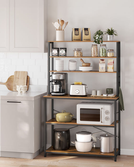 Rustic Brown and Black Kitchen Storage Rack with Microwave Shelf and Hooks by Vasagle