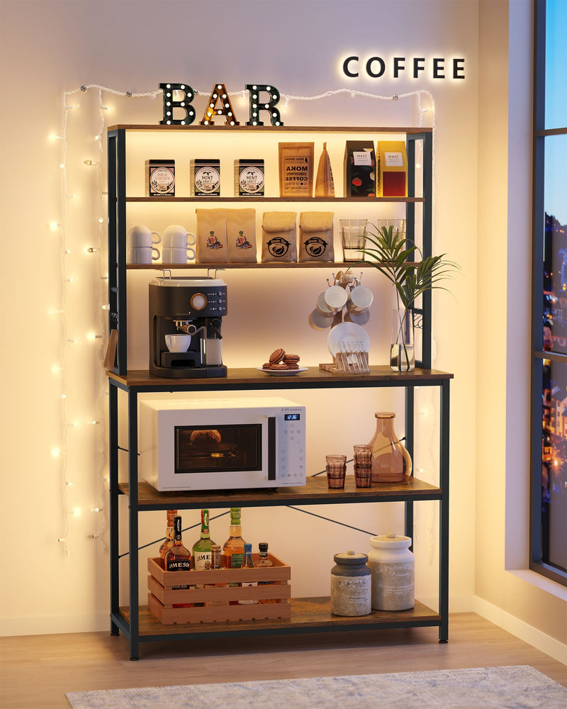 Rustic Brown and Black Kitchen Storage Rack with Microwave Shelf and Hooks by Vasagle