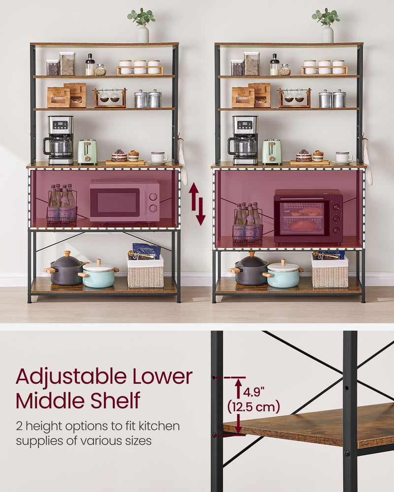 Rustic Brown and Black Kitchen Storage Rack with Microwave Shelf and Hooks by Vasagle