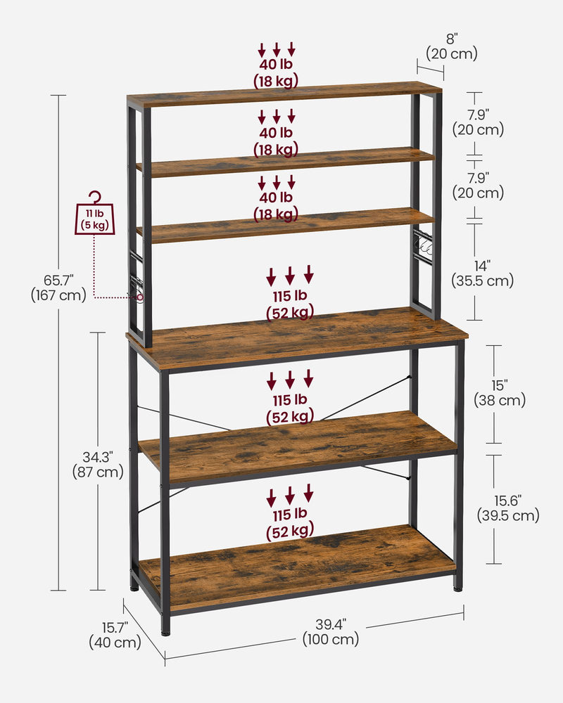 Rustic Brown and Black Kitchen Storage Rack with Microwave Shelf and Hooks by Vasagle