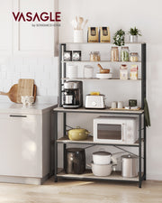 Kitchen storage rack shelves holding jars, mugs and coffee machine