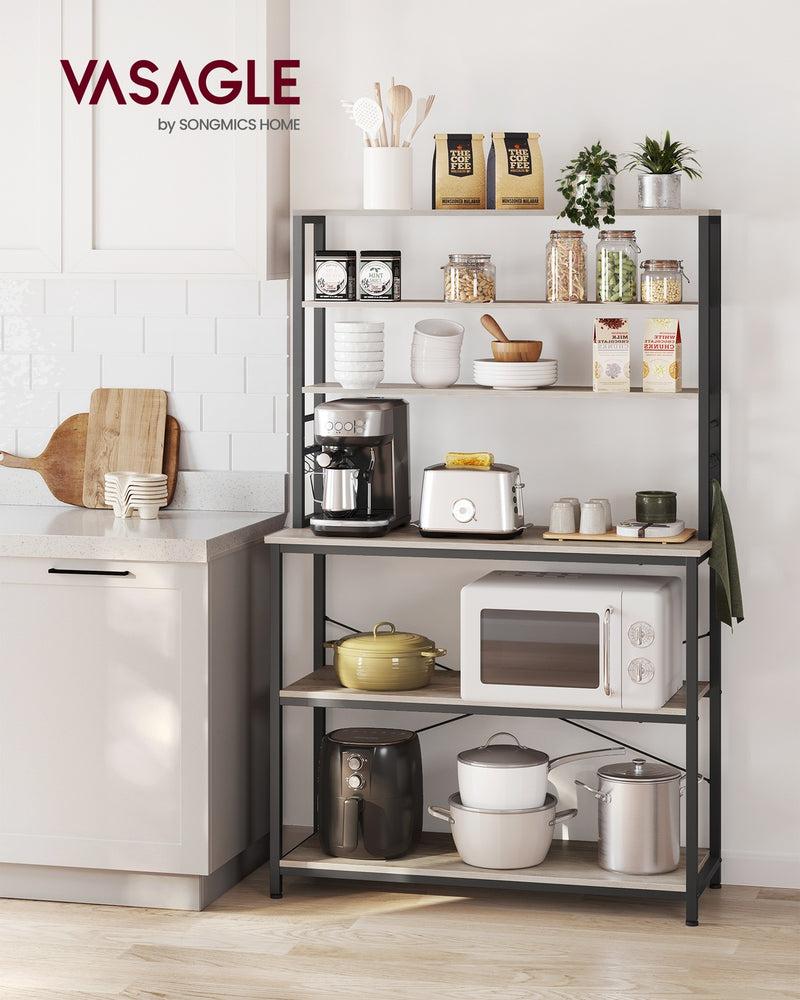Kitchen storage rack shelves holding jars, mugs and coffee machine