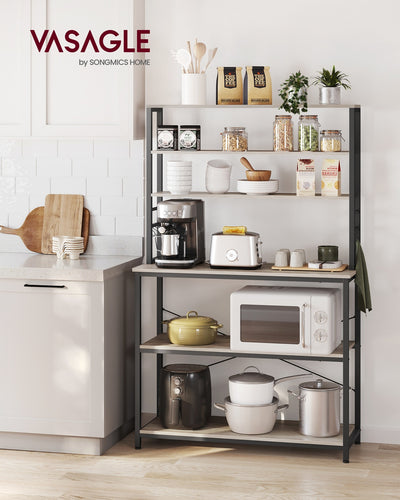 Kitchen storage rack shelves holding jars, mugs and coffee machine