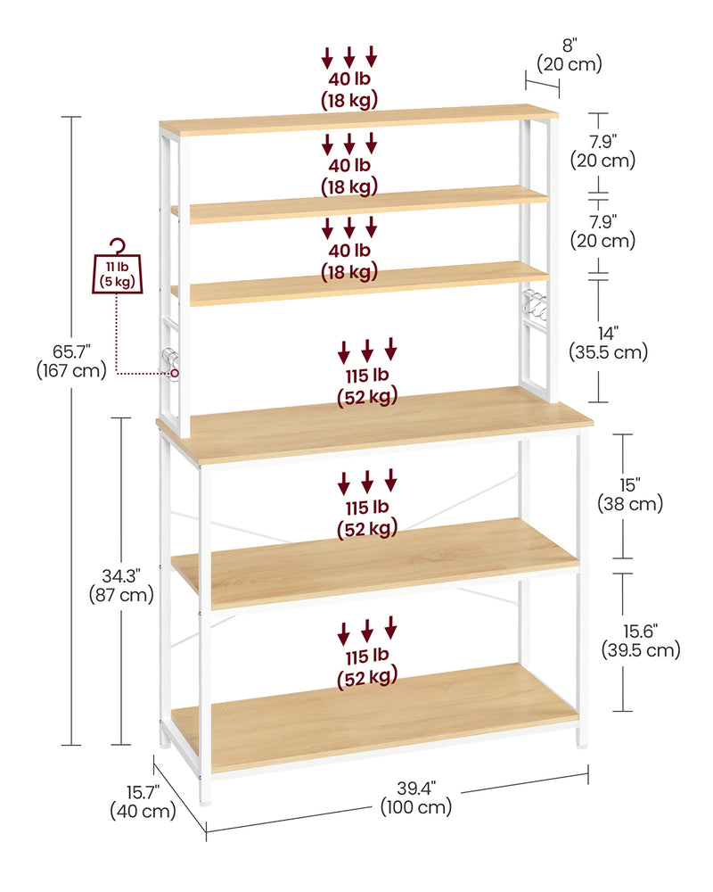 Oak and White Kitchen Storage Rack with Shelves 100 cm Wide Freestanding Unit by Vasagle