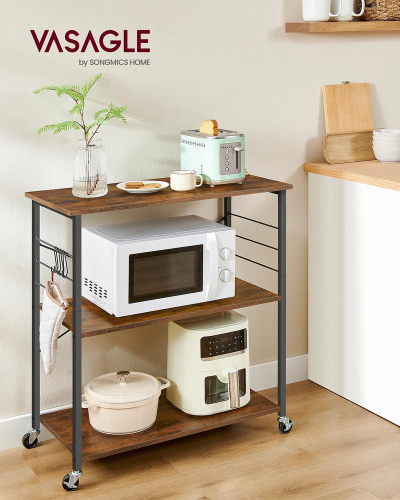 Rustic Brown Rolling Kitchen Shelf with 3 Tiers and Storage Rack 80 cm Wide by Vasagle