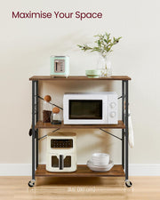 Rustic Brown Rolling Kitchen Shelf with 3 Tiers and Storage Rack 80 cm Wide by Vasagle