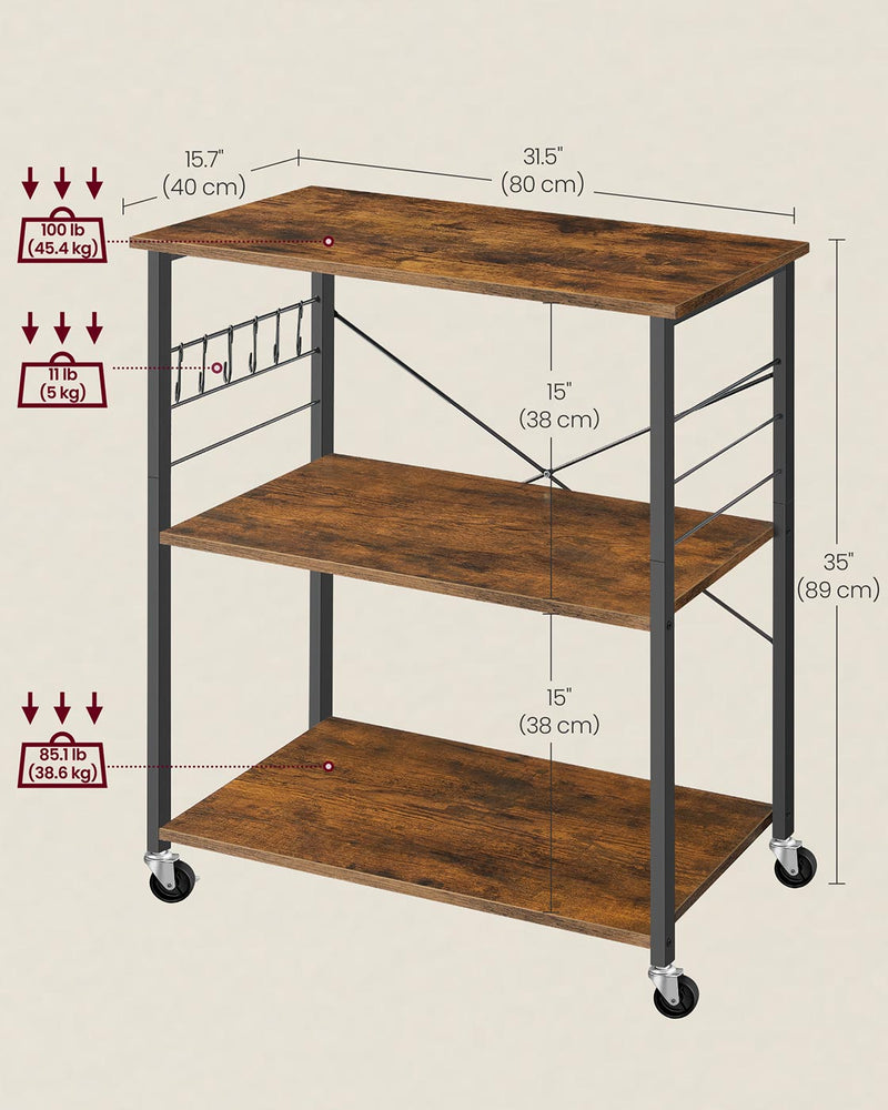 Rustic Brown Rolling Kitchen Shelf with 3 Tiers and Storage Rack 80 cm Wide by Vasagle