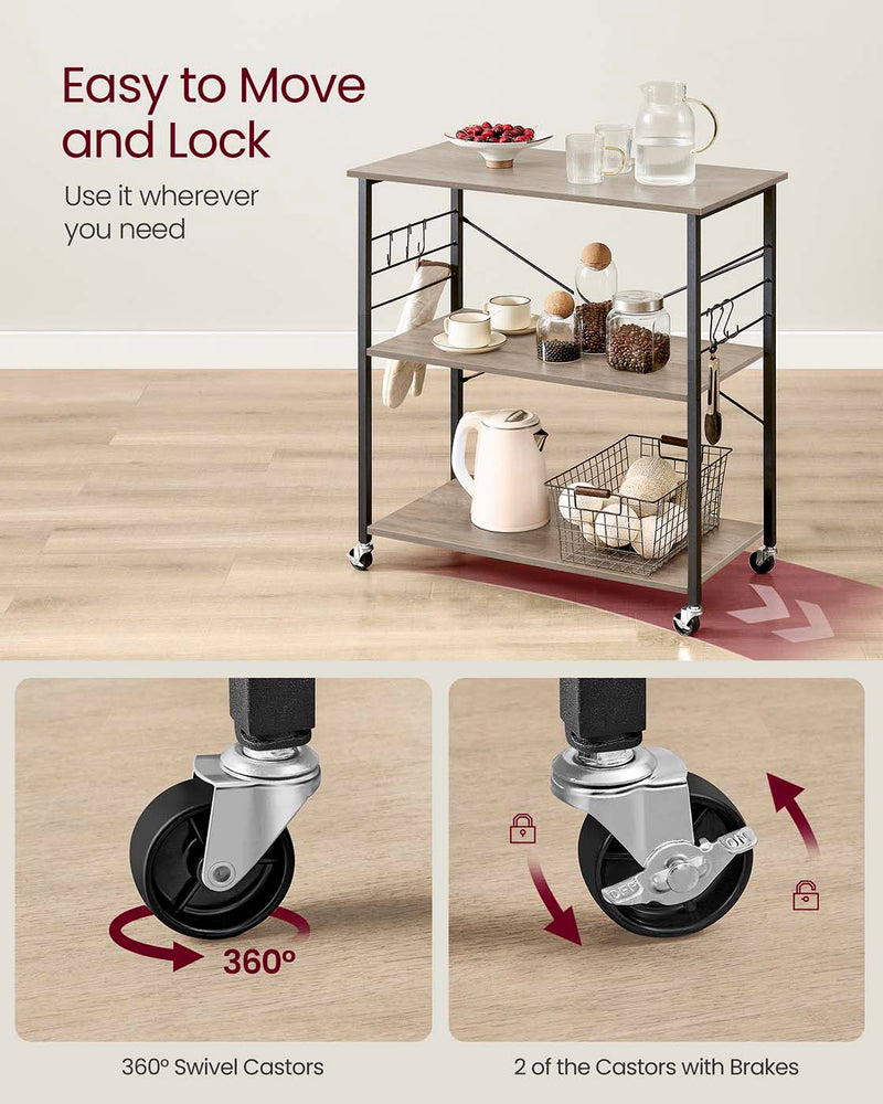 3 Tier Kitchen Trolley with Wheels in Heather Greige and Black 80 cm by Vasagle