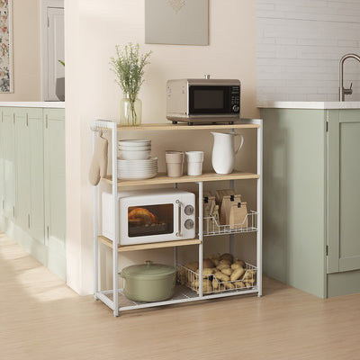 Walnut Brown and White Kitchen Bakers Rack with Storage Shelves Baskets and Hooks by Vasagle
