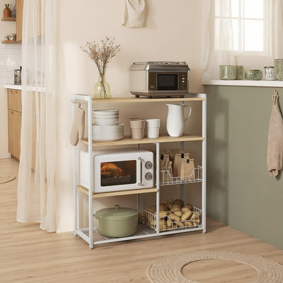 Walnut Brown and White Kitchen Bakers Rack with Storage Shelves Baskets and Hooks by Vasagle