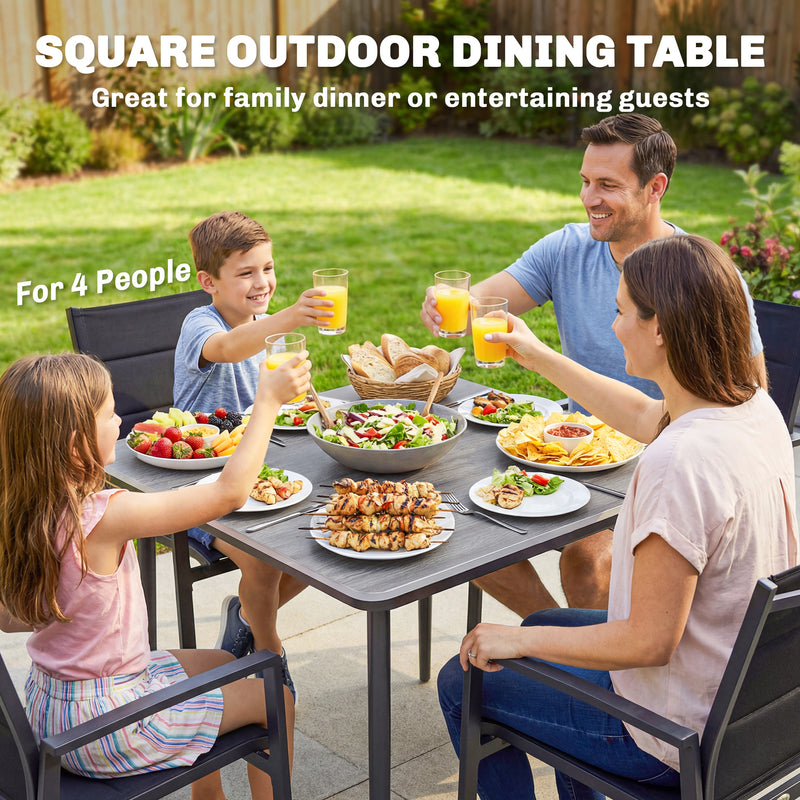 Garden Dining Table for 4 with Parasol Hole Weather Resistant Wood Effect Top Light Grey