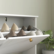 Tall Slim Shoe Storage Cabinet with 4 Flip Drawers and Adjustable Shelves, White