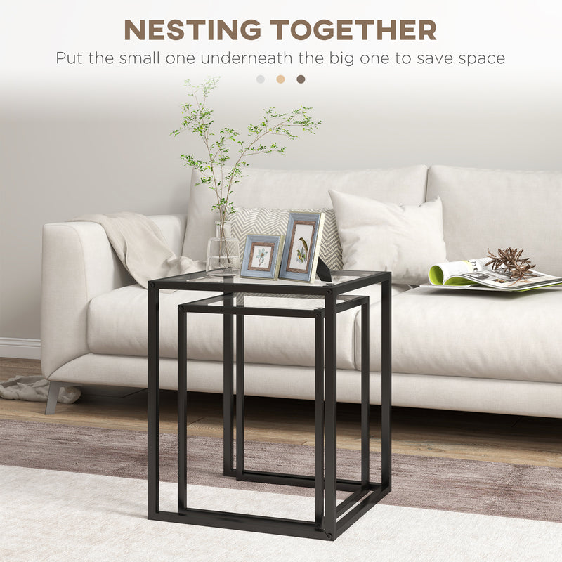 Set of 2 Black Nesting Tables with Tempered Glass Top and Steel Frame for Living Room by HOMCOM