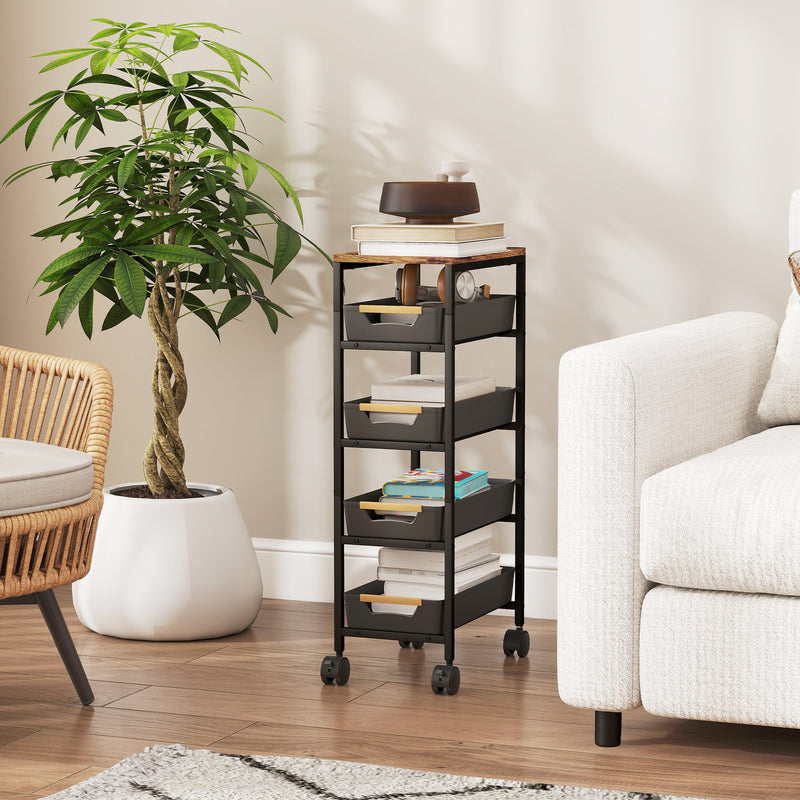 5 Tier Rolling Storage Trolley With Removable Drawers For Home Or Office, Black