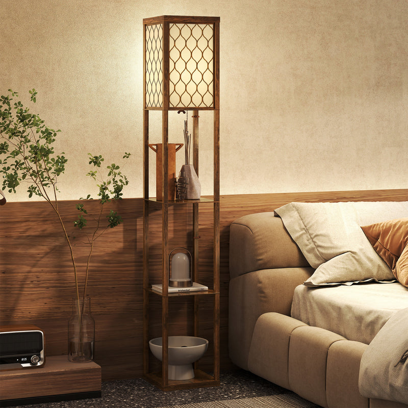 Standing Floor Lamp With Three Storage Shelves For Living Room Or Bedroom, Rustic Brown White AOSOM