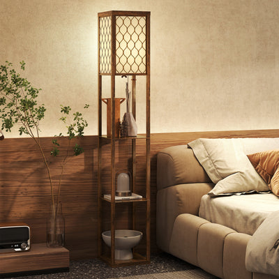 Standing Floor Lamp With Three Storage Shelves For Living Room Or Bedroom, Rustic Brown White AOSOM