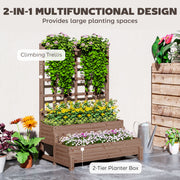 2 Tier Wooden Raised Garden Bed with Trellis and Drainage for Climbing Plants and Vegetables by Outsunny