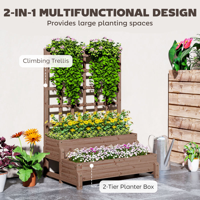 2 Tier Wooden Raised Garden Bed with Trellis and Drainage for Climbing Plants and Vegetables by Outsunny