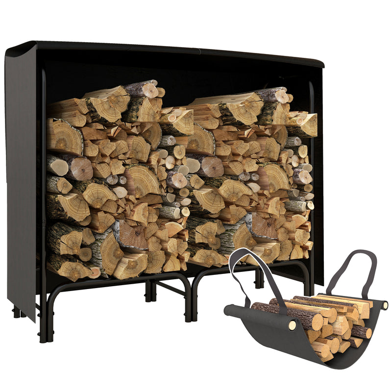 4ft Firewood Rack With Waterproof Cover And Canvas Carrier For Indoor Outdoor Use Black AOSOM