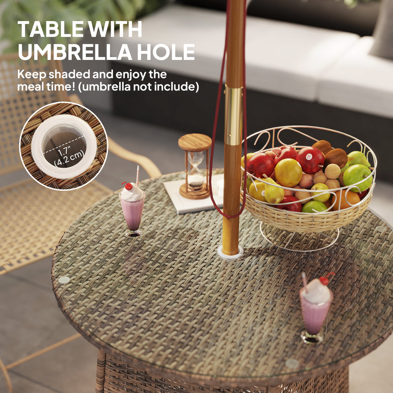 Brown Rattan Garden Coffee Table with Tempered Glass Top and Umbrella Hole by Outsunny