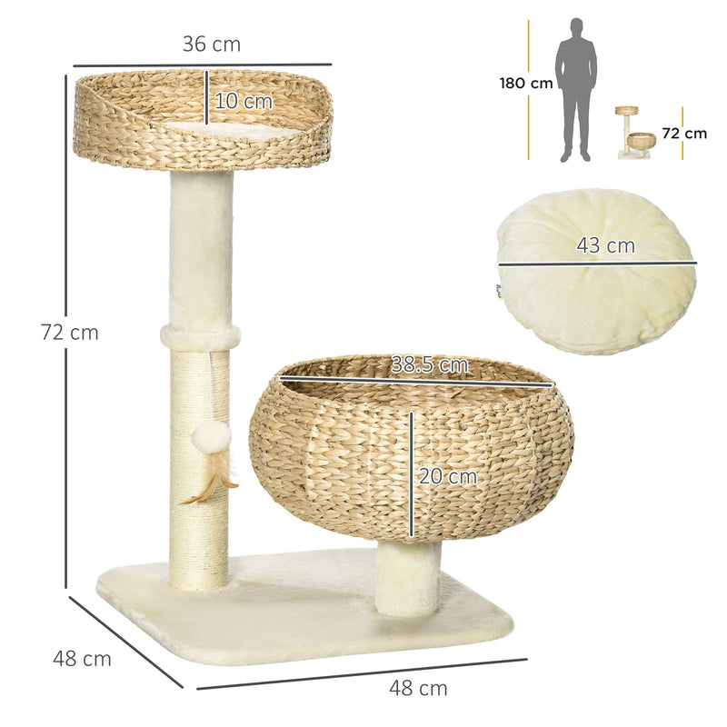 Cat Tree Tower With Sisal Scratching Post Two Soft Beds And Hanging Toy Ball Grey