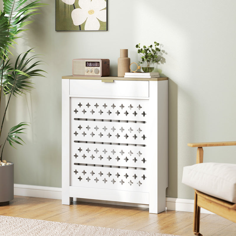 Radiator Cover with Storage Drawer Modern Slatted Design for Living Room White