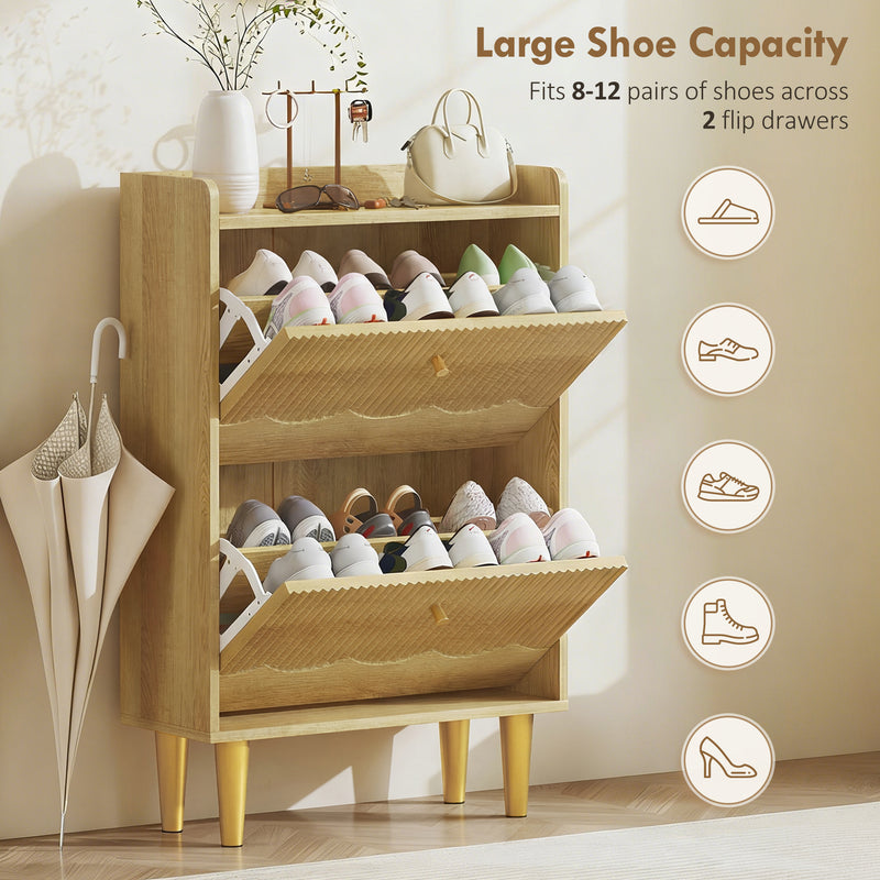 Slim Shoe Cabinet for Narrow Hallways with Adjustable Shelves and Top Storage Oak AOSOM