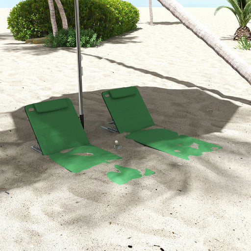 Set of 2 Green Reclining Beach Chairs with Metal Frames for Garden or Camping Use