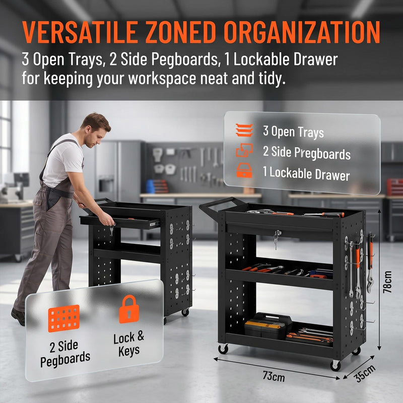 Tool Trolley with Lockable Drawer and Pegboards for Organised Workshop Storage Black