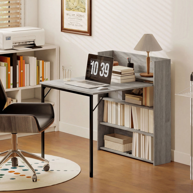 Extendable Folding Dining Table with Storage Shelves for Small Spaces Grey Wood Effect