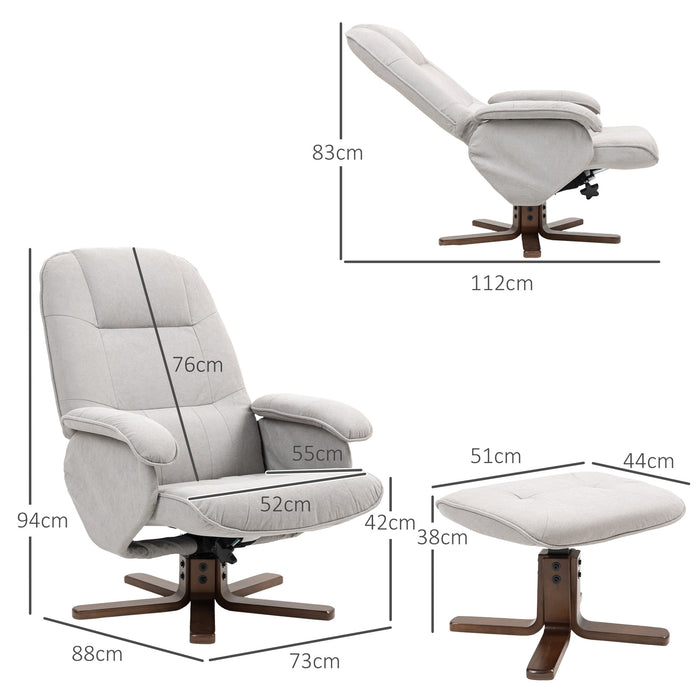 Light Grey Linen Swivel Recliner Chair with Footstool and Wooden Base for Living Room by HOMCOM