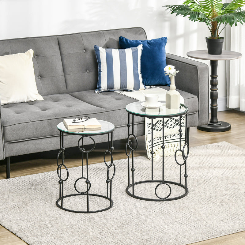 Nesting Side Tables Set of 2 Space Saving Coffee Tables with Glass Tops Black