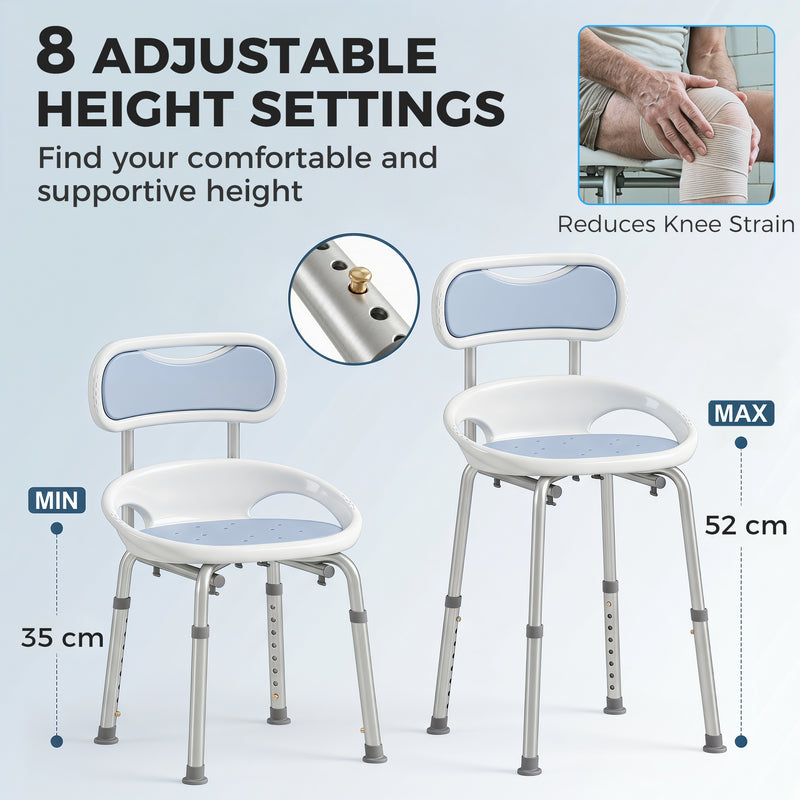 Shower Stool with Height Adjustment and Non Slip Feet for Safe Bathing White Blue