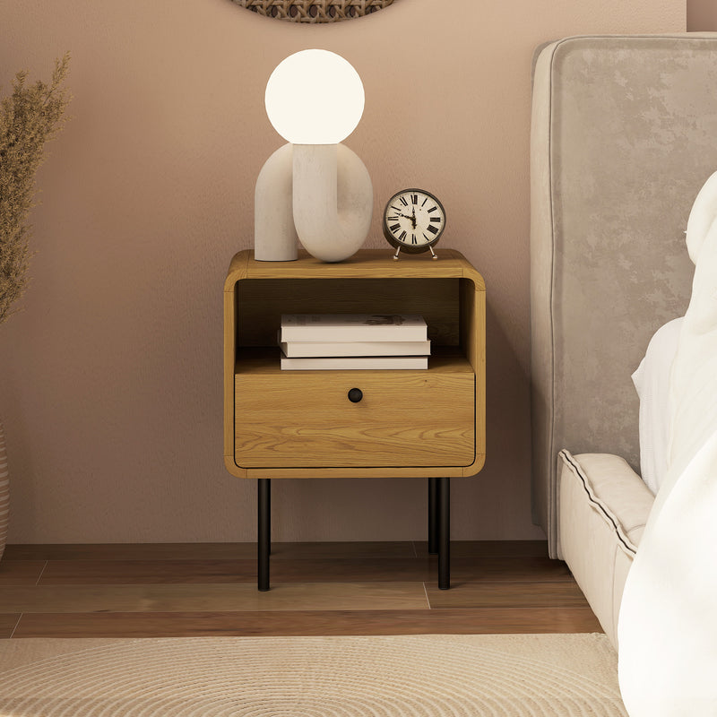 Bedside Table with Drawer and Open Shelf for Bedroom Storage Oak