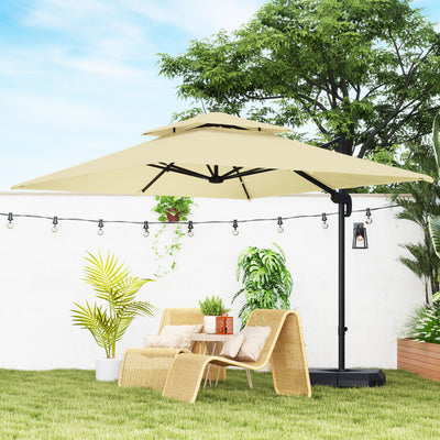 Khaki 2.7m Cantilever Parasol With Aluminium Frame Crank Tilt and Base by Outsunny