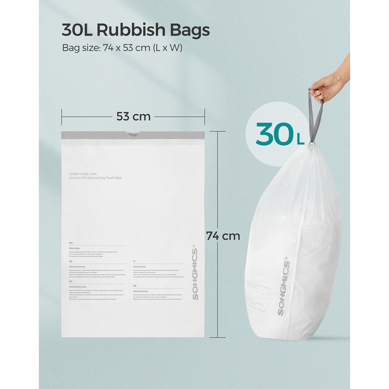 30L Drawstring Bin Bags 180 Strong Rubbish Sacks in 4 Rolls for Kitchen by Songmics (Liner Code 30A)