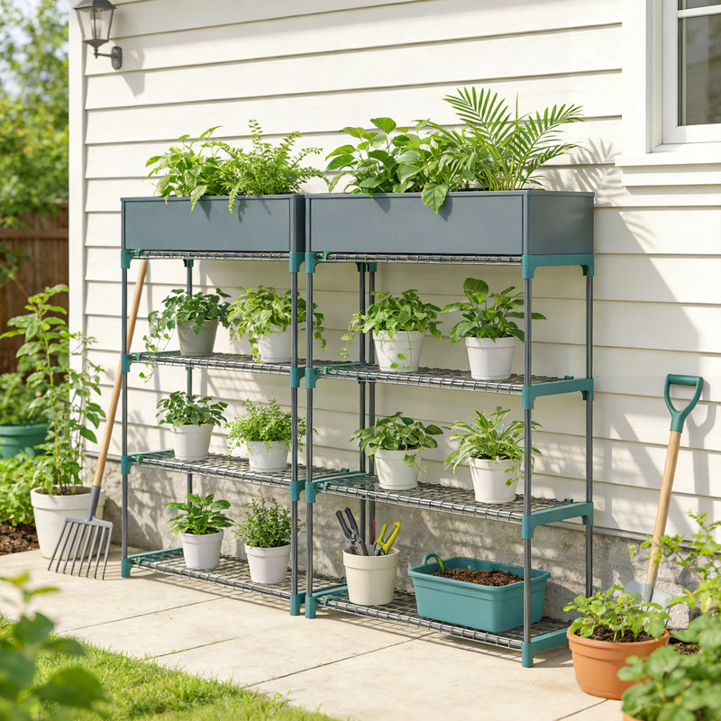 4 Tier Steel Plant Stand Set for Indoor or Outdoor Space Saving Display Dark Green Outsunny