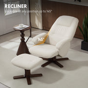 Linen Swivel Recliner Armchair with Footstool and Wooden Base for Living Room Comfort Beige