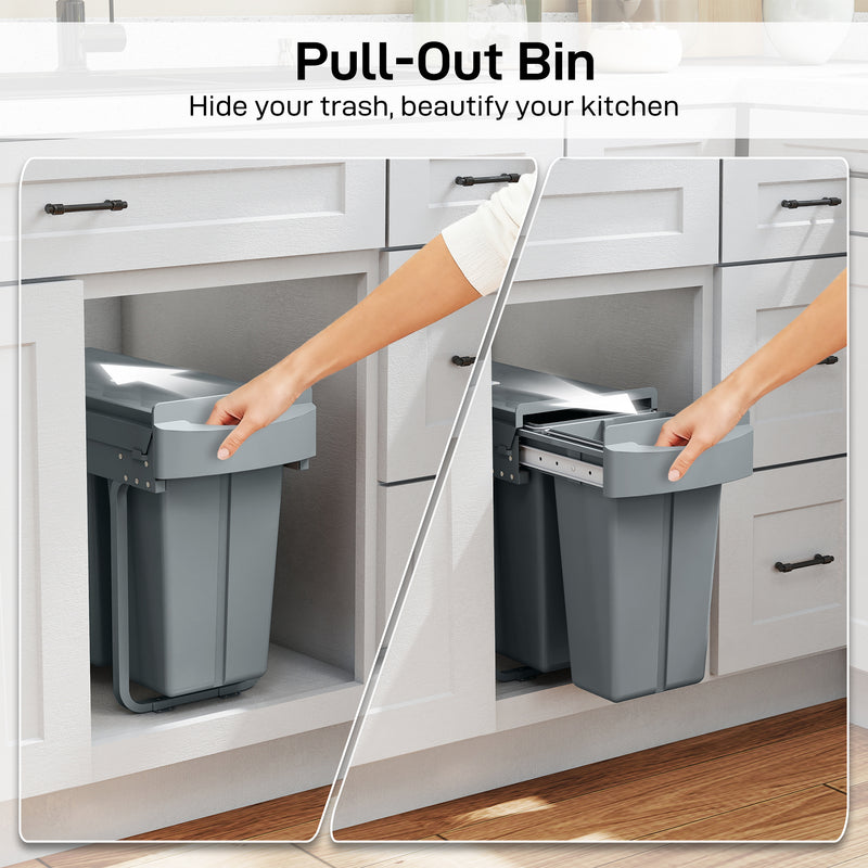 Pull Out Kitchen Bin with Dual Compartments for Hidden Waste and Recycling Grey Homcom