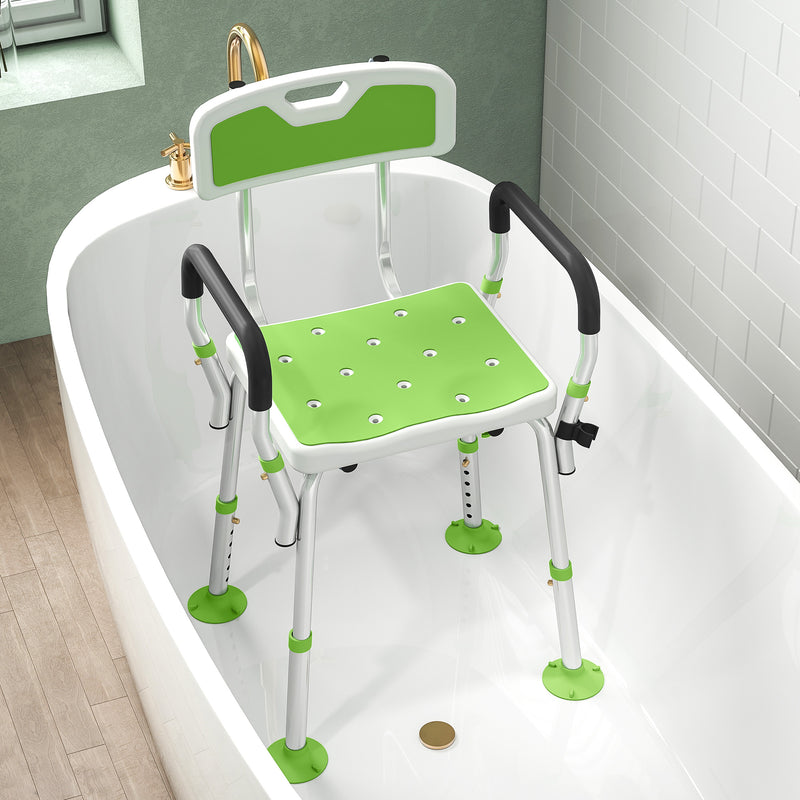 Height Adjustable Shower Chair With Backrest and Armrests For Elderly and Disabled Green