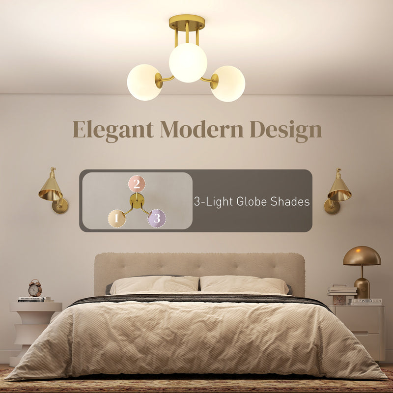 Modern 3 Light LED Ceiling Light with Globe Shades for Living Room and Bedroom Gold Tone