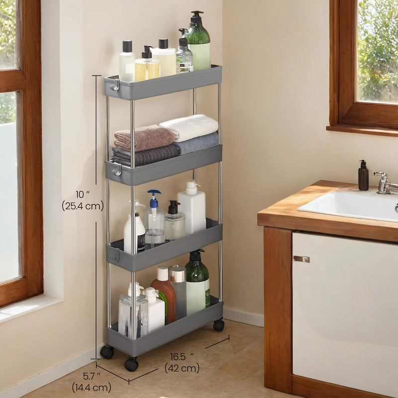 4 Tier Slim Storage Trolley with Wheels Space Saving Organiser for Kitchen or Bathroom by Songmics
