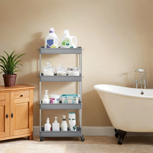 4 Tier Slim Storage Trolley with Wheels Space Saving Organiser for Kitchen or Bathroom by Songmics