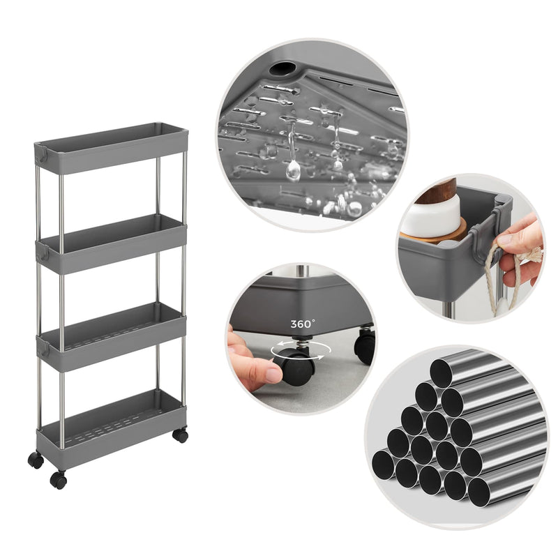 4 Tier Slim Storage Trolley with Wheels Space Saving Organiser for Kitchen or Bathroom by Songmics