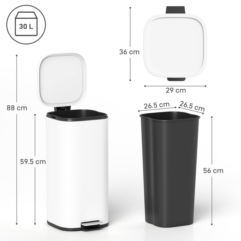 30L Pedal Kitchen Bin With Soft Close Lid And Removable Inner Bucket For Home Use White