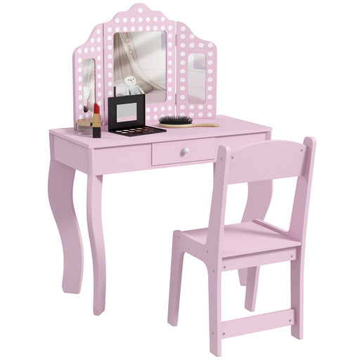 Kids Dressing Table Set with Stool Mirror and Drawer for Bedroom Playroom Use, Pink