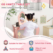 Kids Toddler Bed Frame and Dressing Table Set with Mirror and Stool for Ages 3 to 6 Pink AOSOM