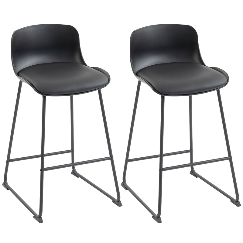 Set of 2 Bar Stools with Cushioned Seat and Easy Clean Surface for Kitchen Black AOSOM