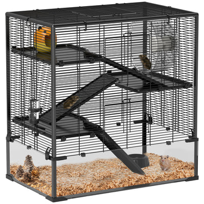 4 Tier Hamster Cage with Deep Glass Base Hut Wheel Food Dish and Water Bottle by PawHut